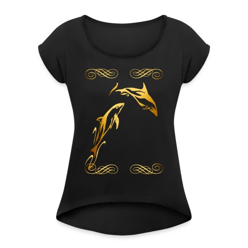 Two Gold Dolphins with frilly frames - Women's Roll Cuff T-Shirt