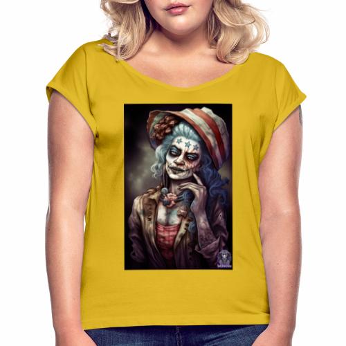 Patriotic Undead Zombie Caricature Girl #6C - Women's Roll Cuff T-Shirt