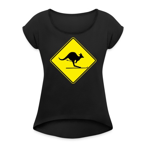 australien road sign ski kangaroo - Women's Roll Cuff T-Shirt