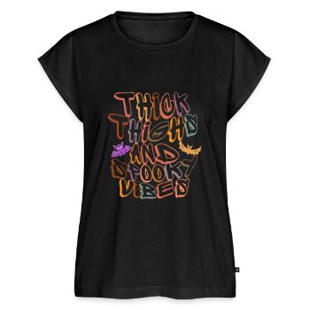 Thick Thighs Spooky Vibes, Funny Leopard - Women's Premium Roll Up Sleeve T-Shirt - black - Front - AI Model Female 180 light (180cm)