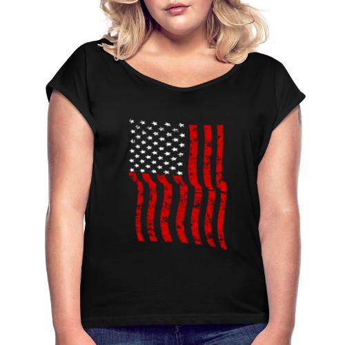 Vintage Waving USA Flag Patriotic T-Shirts Design - Women's Roll Cuff T-Shirt