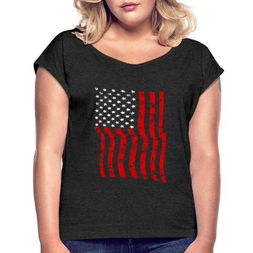 Vintage Waving USA Flag Patriotic T-Shirts Design - Women's Roll Cuff T-Shirt