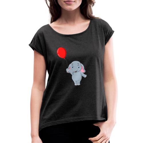 Baby Elephant Holding A Balloon - Women's Roll Cuff T-Shirt