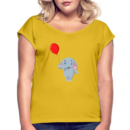 Baby Elephant Holding A Balloon - Women's Roll Cuff T-Shirt