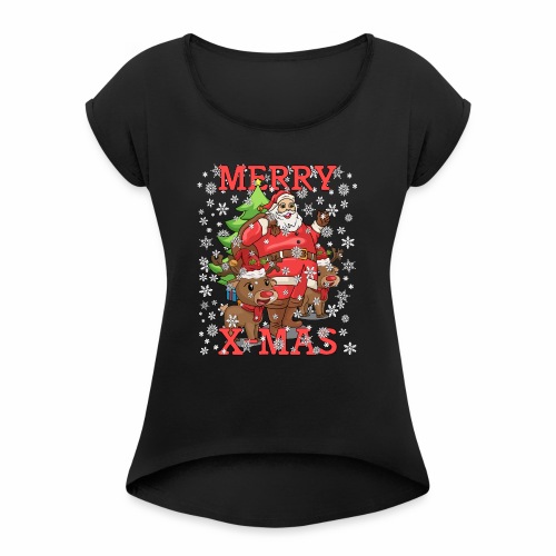 Santa Chibi Reindeer Christmas Gift Merry X-Mas - Women's Roll Cuff T-Shirt