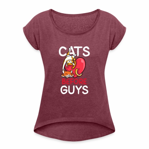 two cats before guys heart anti valentines day - Women's Roll Cuff T-Shirt