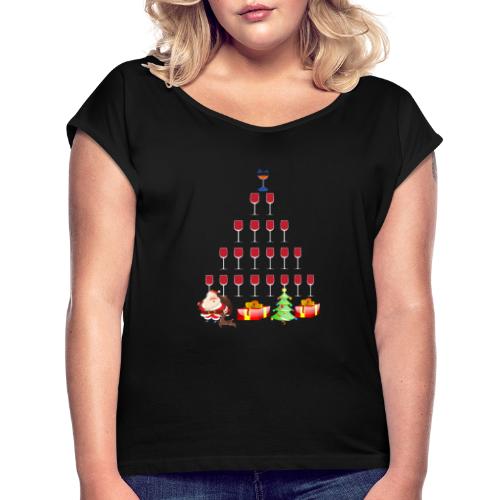 Wine glass decor Christmas Tree Xmas Ornament tee - Women's Roll Cuff T-Shirt