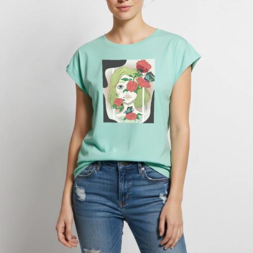 Girl with Rose Vine - Women's Premium Roll Up Sleeve T-Shirt