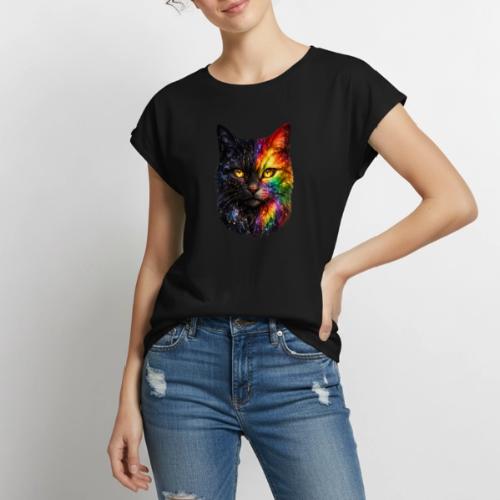 Cosmic Galaxy Rainbow Cat - Women's Premium Roll Up Sleeve T-Shirt