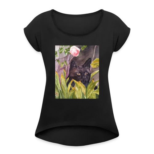 Black cat - Women's Roll Cuff T-Shirt