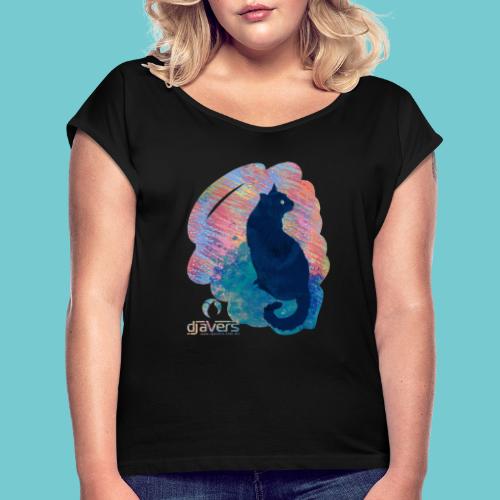 Black Kitty in a Rainbow - Women's Roll Cuff T-Shirt