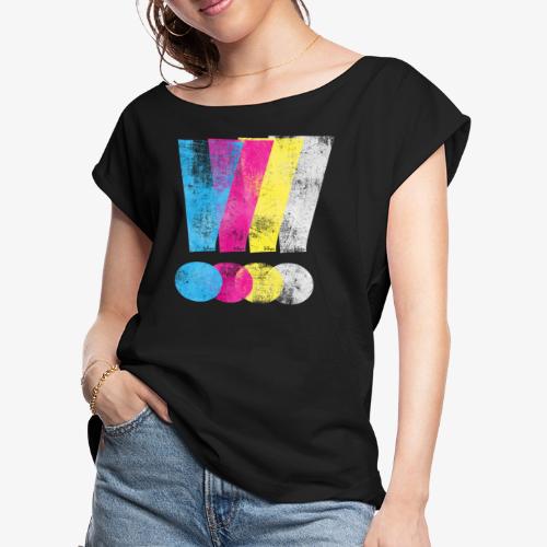 Large Distressed CMYK Exclamation Points - Women's Roll Cuff T-Shirt