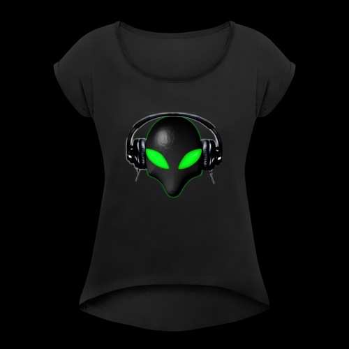 Alien Bug Face Green Eyes in DJ Headphones - Women's Roll Cuff T-Shirt