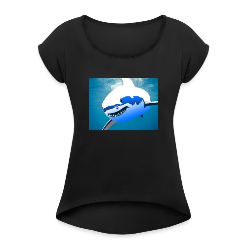 Super Lit Shark Drawing by Adam Tennant - Women's Roll Cuff T-Shirt