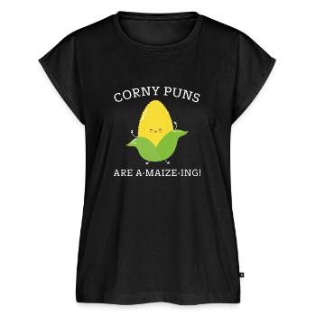 Corny Puns - Women's Premium Roll Up Sleeve T-Shirt - black - Front - AI Model Female 180 light (180cm)