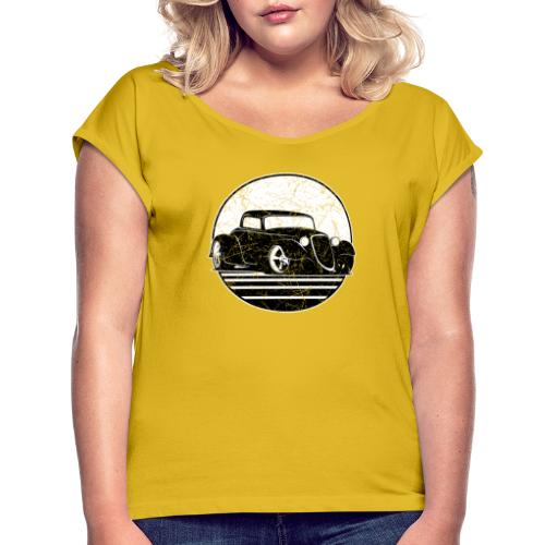 Retro Hot Rod Grungy Sunset Illustration - Women's Roll Cuff T-Shirt