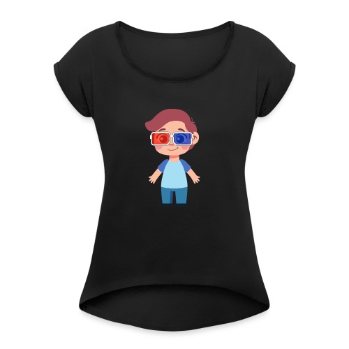Boy with eye 3D glasses - Women's Roll Cuff T-Shirt