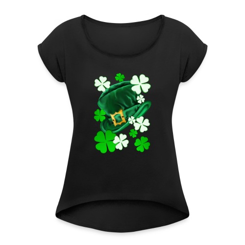 Irish Hat and Shamrocks - Women's Roll Cuff T-Shirt