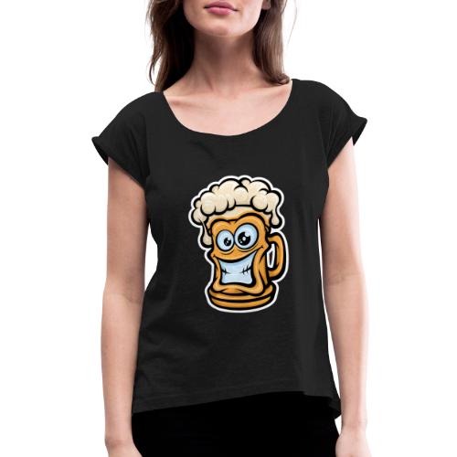 Happy Beer Mug, Cartoon Style - Women's Roll Cuff T-Shirt