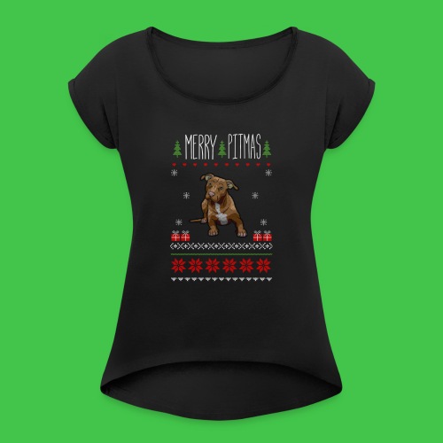Merry Pitmas Puppy Christmas Sweater - Women's Roll Cuff T-Shirt