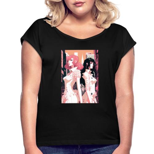 Pink and Black - Cyberpunk Illustrated Portrait - Women's Roll Cuff T-Shirt