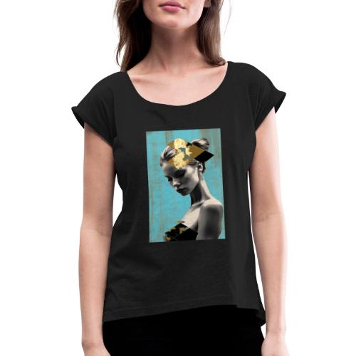 Gold on Turquoise - Minimalist Portrait of a Woman - Women's Roll Cuff T-Shirt