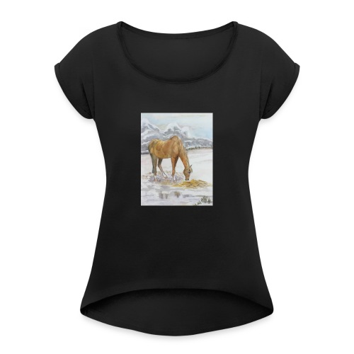 Horse grazing - Women's Roll Cuff T-Shirt
