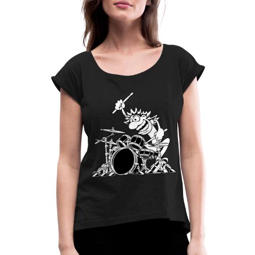 Crazy Drummer Cartoon Illustration - Women's Roll Cuff T-Shirt