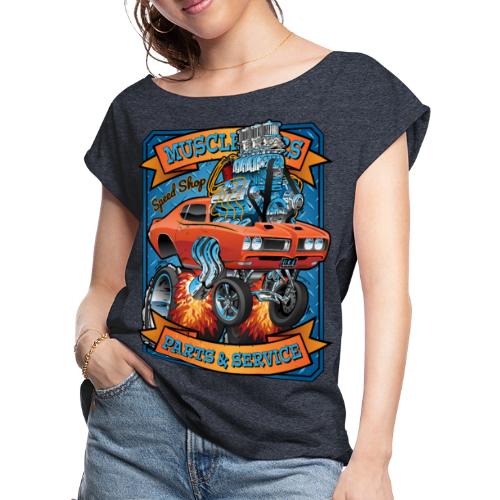 Classic Sixties Muscle Car Parts & Service Cartoon - Women's Roll Cuff T-Shirt