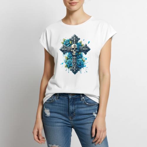 Gothic Collection - Cross, Skull & Blue Roses - Women's Premium Roll Up Sleeve T-Shirt