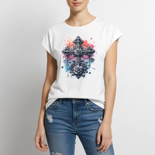 Gothic Collection - Crosses Roses Pastel B/ground - Women's Premium Roll Up Sleeve T-Shirt