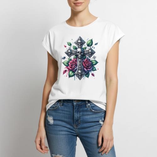 Gothic Collection - Cross, Skulls & Red Roses - Women's Premium Roll Up Sleeve T-Shirt