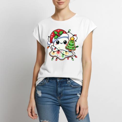 Christmas Collection - Snow Ghost in Santa Hat - Women's Premium Roll Up Sleeve T-Shirt