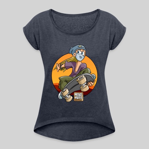 Cartoon Sunset Skater - Women's Roll Cuff T-Shirt