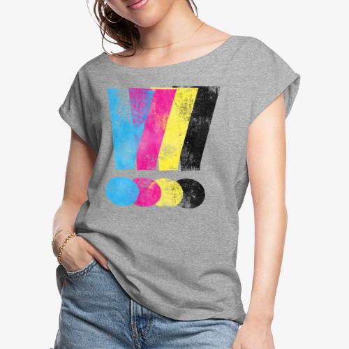 Large Distressed CMYW Exclamation Points - Women's Roll Cuff T-Shirt