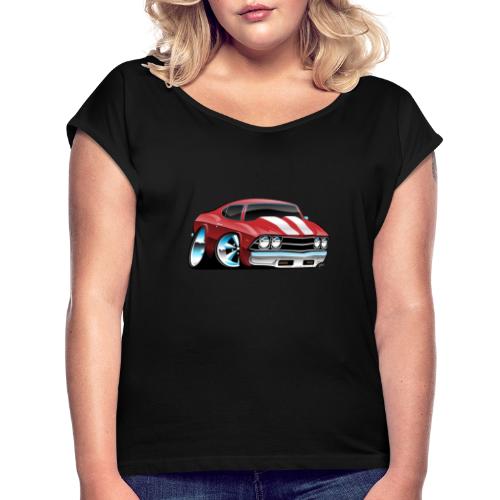 Classic American Muscle Car Cartoon - Women's Roll Cuff T-Shirt