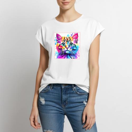 Vivid Kitty Vibes Design - Women's Premium Roll Up Sleeve T-Shirt