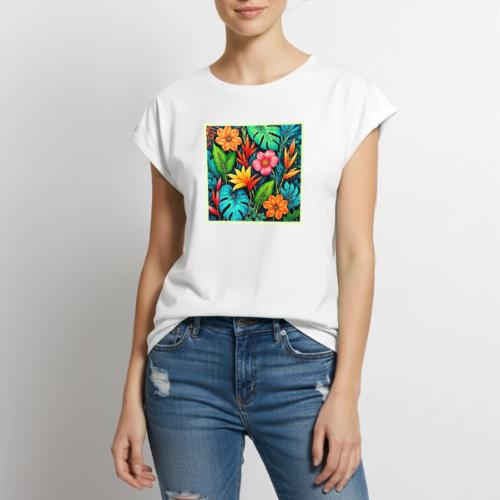 Vibrant Tropical Jungle Bloom Art - Women's Premium Roll Up Sleeve T-Shirt