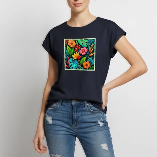 Vibrant Tropical Jungle Bloom Art - Women's Premium Roll Up Sleeve T-Shirt