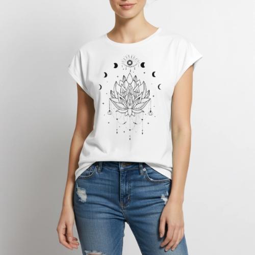 Third Eye Black Lotus Flower - Moon Cycle Design - Women's Premium Roll Up Sleeve T-Shirt