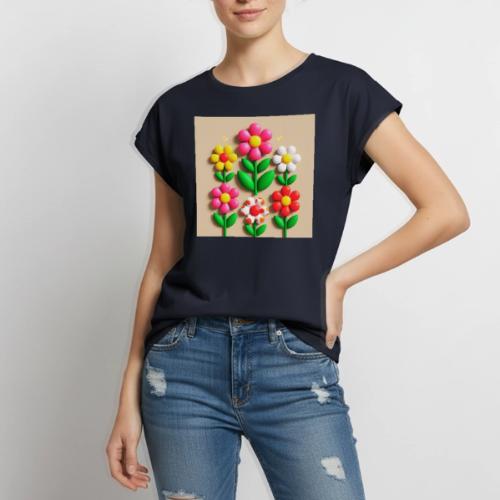 3D Flowers and Butterflies in Amber, Floral Design - Women's Premium Roll Up Sleeve T-Shirt