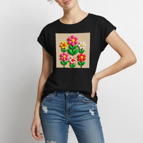 3D Flowers and Butterflies in Amber, Floral Design - Women's Premium Roll Up Sleeve T-Shirt