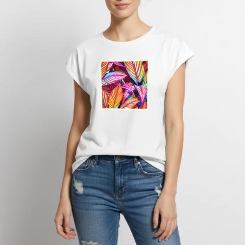 Striped Neon Leaves Design - Women's Premium Roll Up Sleeve T-Shirt