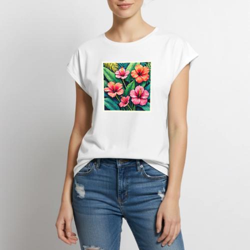 Tropical Hibiscus Bloom Artistry - Women's Premium Roll Up Sleeve T-Shirt