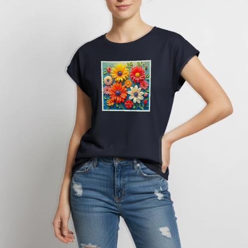 Vibrant Floral Fantasy Design - Women's Premium Roll Up Sleeve T-Shirt