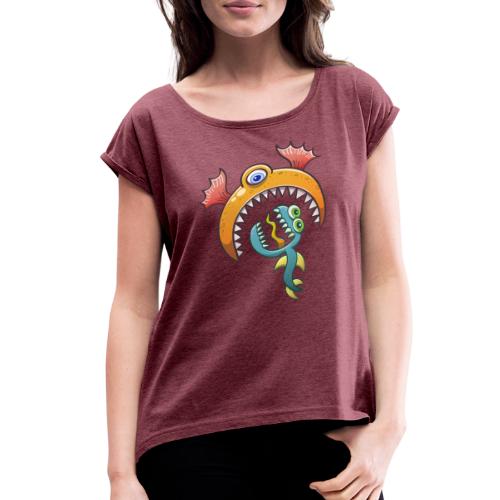 One-eyed sea monster eats a scared ugly creature - Women's Roll Cuff T-Shirt