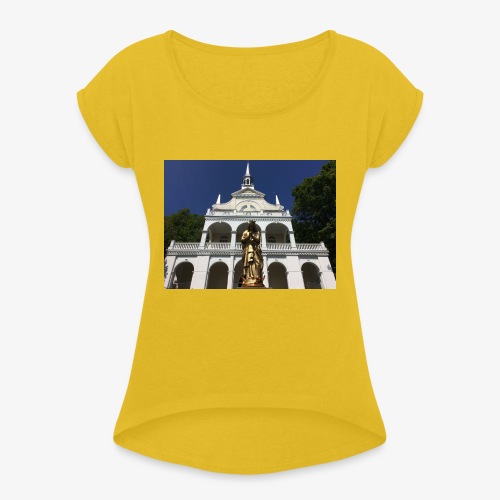 Quebec City Old Church. Mother Mary. - Women's Roll Cuff T-Shirt