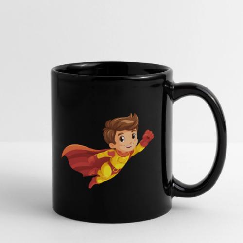 Cheerful Cartoon Superhero Boy Flying High - Full Color Mug
