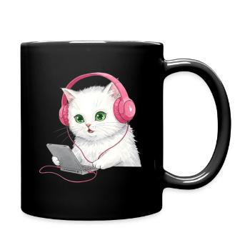 Cute Cat with Headphones and Laptop - Full Color Mug - black - Right