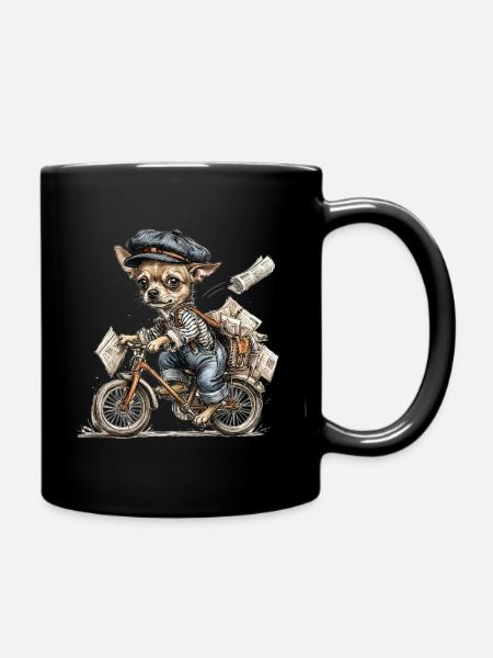 Newsboy Chihuahua on Vintage Bike - Full Color Mug - black